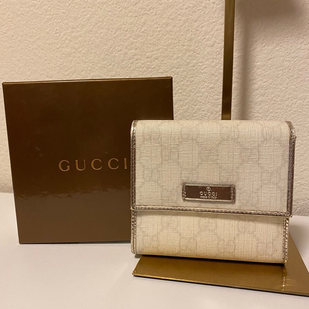 Gucci Beige Monogram Small Fold Wallet with Metallic Trim